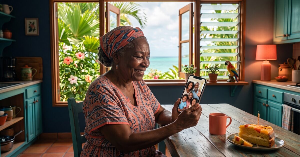 Grand-mère aux Antilles regardant les messages vidéo d'anniversaire de sa famille restée en métropole