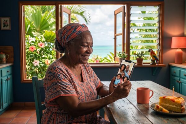 Grand-mère aux Antilles regardant les messages vidéo d'anniversaire de sa famille restée en métropole